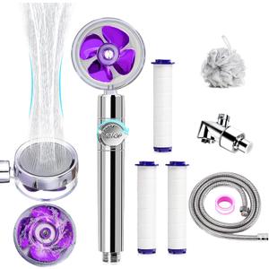Handheld Turbocharged Pressure Propeller Showerhead Set, Besititli Hydro Jet Shower Head, 360 Rotating Vortex Shower Head Set with Replacement Hose/Bracket/Cotton Filters and Bath Loofah (Purple)