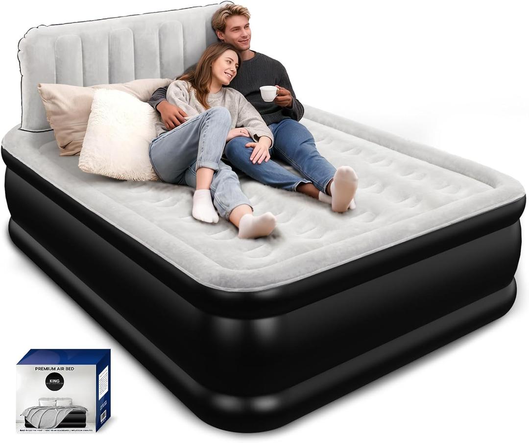 Queen Air Mattress with Headboard, Built-in Pump, 800 lbs Heavy-Duty Support, 19" Raised Upgraded Comfort, 48-Hour Leak-Tested, 3.5 Min Inflatable Portable Blow Up Mattress for Home, Guest & Camping (Grey)