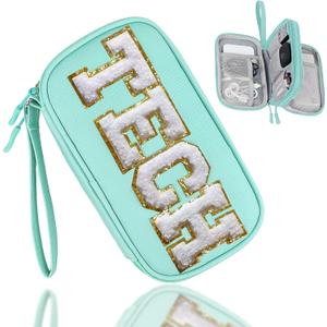 COSHAYSOO Electronics Organizer Bag Travel with Chenille Letter Patch Traveling Must Have Accessories Cute Personalized Gift for Women Cable Cord Charger Storage Pouch (Teal Blue)