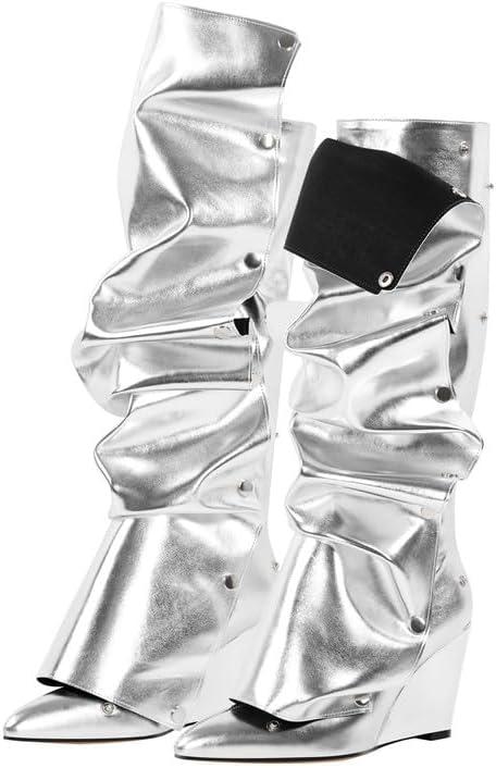 Women's Wedge Heel Knee High Slouchy Foldover Buttons Boots (10 Narrow)