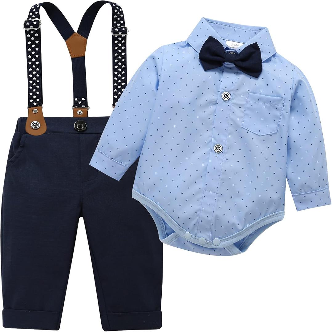 Baby Toddler Boy Formal Gentleman Suits, Dress Long Sleeve Blue Shirt with Bowtie+Suspender Pants Dressy Outfit (3136Light Blue, 3-6 Months)