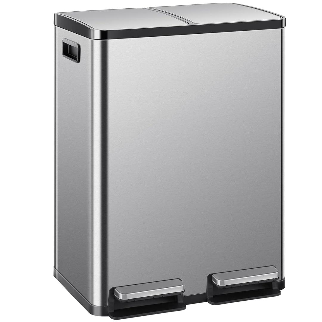 Basurero de cocina con tapa, 2 botes de basura de 8 galones, con pedal de cierre suave y cubo interior extrable, cubo de basura grande de acero inoxidable de 60 litros para bao, dormitorio