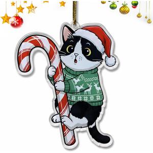 Tuxedo Cat Ornament Hugging Candy Cane 2D Flat Acrylic Ornament - Christmas Tree Decoration, Black and White Cat Holiday Tree Decoration for Pet Lovers 2025