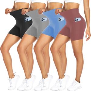 FULLSOFT 4 Pack Biker Shorts for Women with Pockets  5" High Waisted Tummy Control Workout Yoga Running Gym Tennis Shorts (Small-Medium, 4 Pack Black/ Grayishpink/ Light Grey/ Blue)