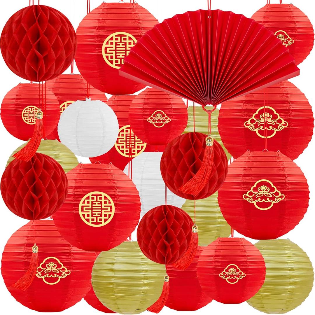 25Pcs Chinese Lunar New Year Decorations 2026 Red Paper Lanterns Fan Honeycomb Balls Hanging for Vietnamese TET Japanese Hibachi Mid Autumn Festival Party Home Decor