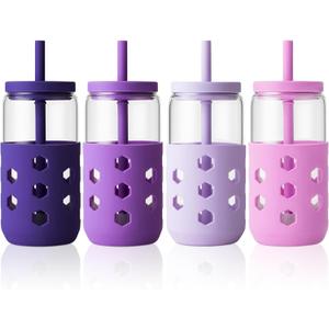 Mrsdry Glass Cups with Lids and Straws (4 Pack), 16oz Drinking Glasses Set with Silicone Sleeves for Coffee Bar Accessories Iced Coffee Cups with Lids, Glass Tumbler Reusable for Gifts