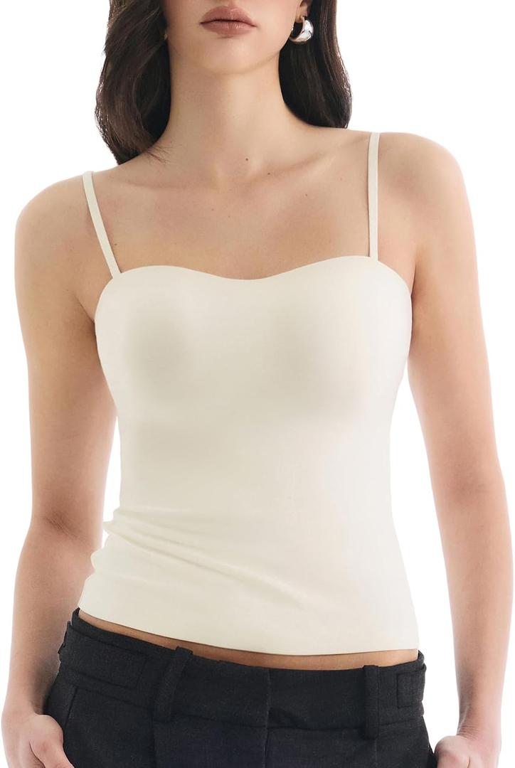 Built in Bra Tank Tops for Women, Double Lined Padded Cami Scoop Neck Spaghetti Straps Basic Summer Top 2026 (Beige)