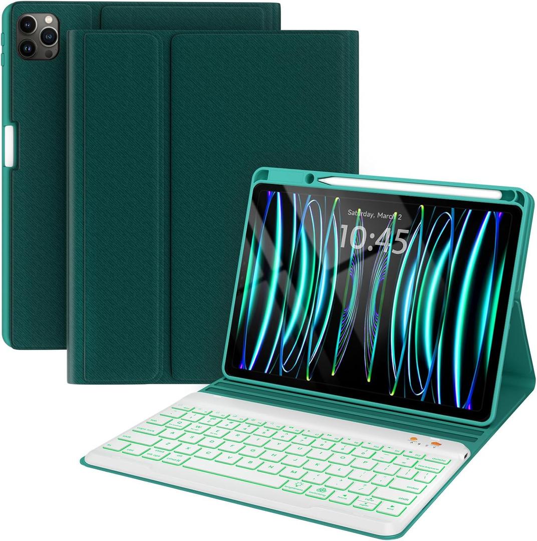 BLUTLOTUS Keyboard Case for iPad Air 13 2024, ipad Pro 12.9 inch 2022/2021/2020 (6th/5th/4th Gen),Smart Folio Tablet Cover with Pencil Holder, 7 Color Backlit Detachable Wireless Keyboard-Teal