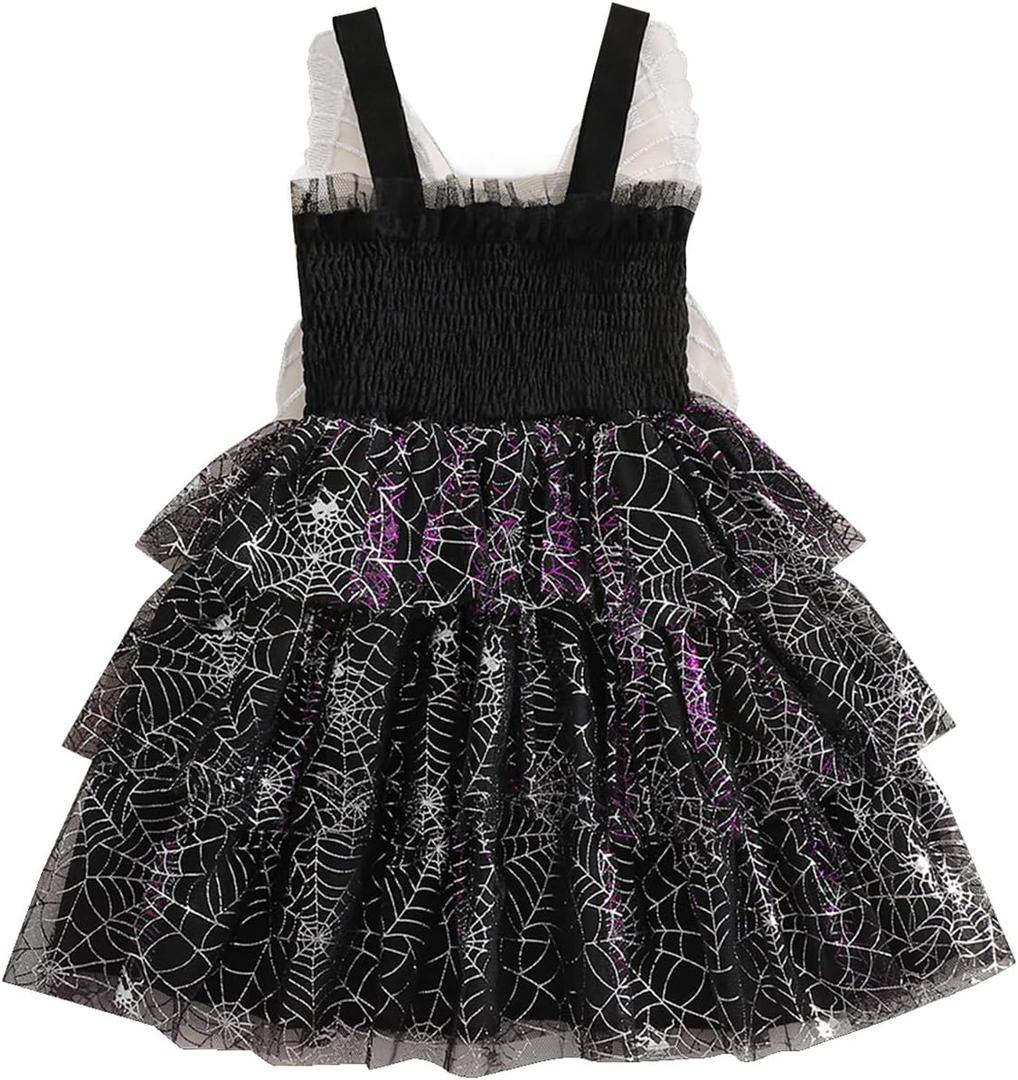 Toddler Baby Girl Halloween Outfit Bat Ghost Smocked Sleeveless A-line Layered Tulle Tutu Dress with Butterfly Wing (6-12 Months)