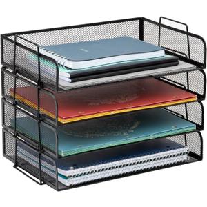 Mind Reader Stackable Paper Tray, Desktop Organizer, File Storage, Office, Metal Mesh, 14" L x 9.75" W x 11.25" H, 4 Pcs., Black