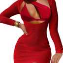 Lilosy Sexy Long Sleeve One Shoulder Bikini Fishnet Beach Swim Cover Up Dress (Medium)