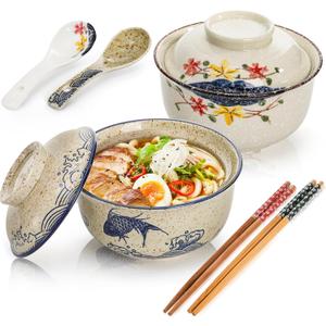 Nagpew 2 Pieces Ceramic Ramen Bowls, 25 Oz Large Soup Bowl with Lid, Spoon, Chopstick, Handpainted Japanese Tableware for Noodles, Salad, Rice, Microwave Dishwasher safe