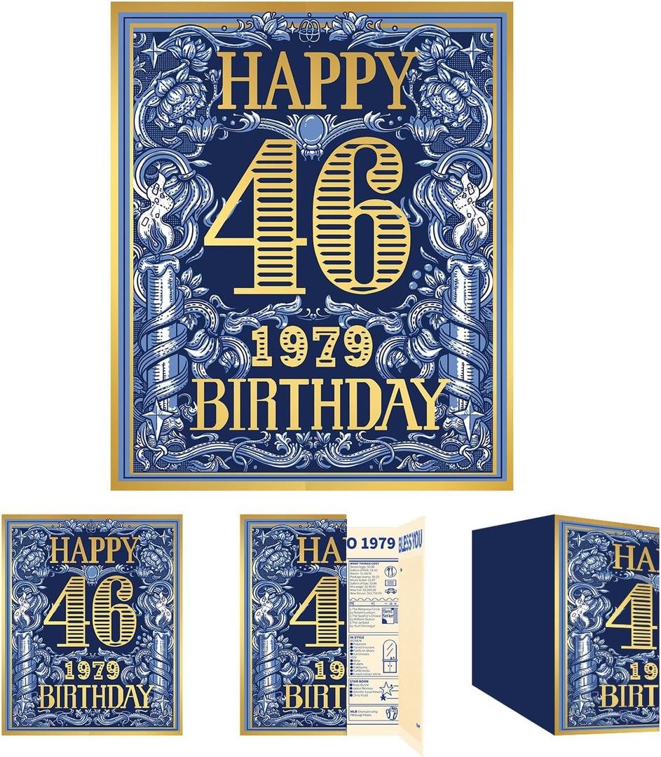 2025 46th Birthday Greeting Card, 46 Years Old Birthday Gift Card,Memory Back In 1979,Vintage Blue GoldEnvelope