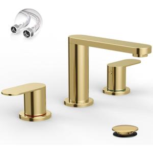 BWE Brushed Gold Bathroom Faucet 3 Hole, 8 Inch Widespread Gold Bathroom Faucets with Pop-up Drain and Supply Lines, 360 Swivel Spout 2-Handle Sink Faucet for Bath Vanity,  8 Inches Widespread, Brushed Gold