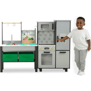 Delta Children Gourmet All-in-One Corner Play Kitchen - Toy Kitchen Playset with Safe & Heatless Stove with Lights, Oven, Sink, Fridge/Freezer with Ice Maker and 20 Accessories, Grey