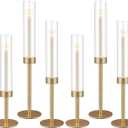6Pcs Hurricane Glass Candle Holders Gold Candlestick Holders Taper Candle Holder with 9.8" Windproof Clear Cylinder Covers for Outdoor Indoor Tall Candle Stick Holder Decor for Wedding Party Fireplace