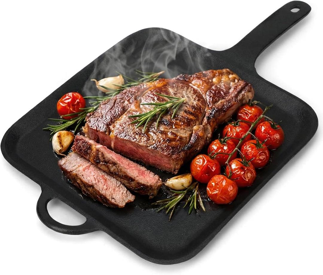 12 Inch Cast Iron Square Griddle, Seasoned Skillets with Ring Handle, Heat Resistant Griddle for Pancakes, Eggs, Steak, Durable Griddles for Stove Top Oven Safe for Kitchen Cooking