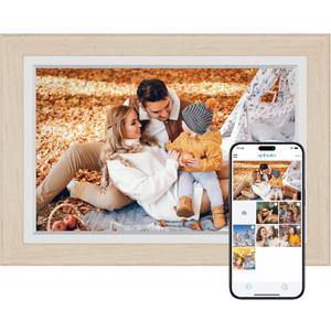 Dragon Touch Digital Picture Frame WiFi 10 inch IPS Touch Screen Digital Photo Frame Display, 32GB Storage, Auto-Rotate, Share Photos via App, Email, Cloud, Classic 10 Brown (White wood)