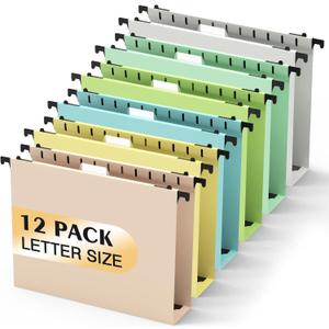Extra Capacity Plastic Hanging File Folder,12 Pack Reinforced Hang Folders Letter Size,Heavy Duty 2 Inch Expansion,Filing Cabinet Folders,for Bulk Files, Medical Charts, Pastel Colors