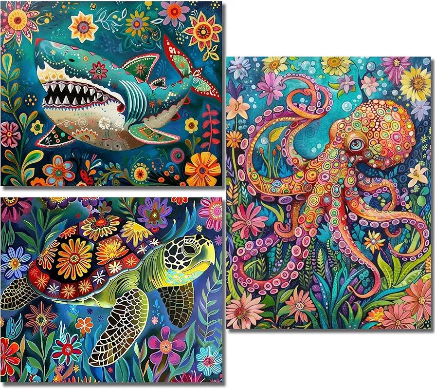 NEGEKFKX 3 Pack Sea Turtles Diamond Art Kits for Adults Beginners,Octopus Shark Diamond Painting Kits for Adults,5D Full Drill DIY Diamond Dot Gem Art Kit Wall Home Decor Arts Craft 12x16 inch