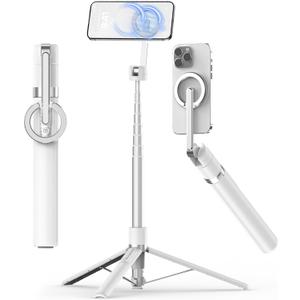 TONEOF 68" Magnetic Selfie Stick Tripod with Aluminum Strong Magnetic Holder for Magsafe, 360° Rotatable Travel Phone Tripod Stand with Metal Ring & Rechargeable Remote for iPhone/ Android（White）
