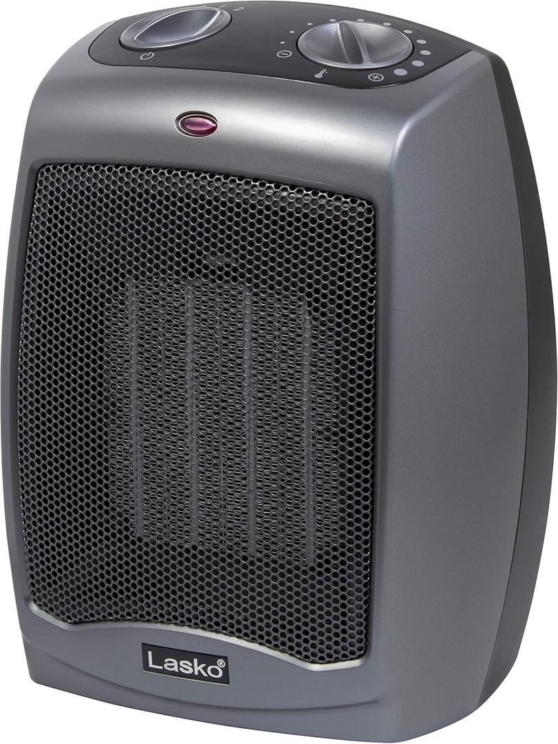 Lasko Portable Indoor Electric Ceramic Space Heater with Tip-Over Safety Switch, Overheat Protection and Thermostat, 2 Speeds, Safe for Home, 9.2 Inches, Dark Gray, 1500W, 754201