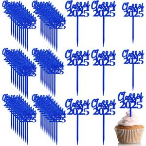 Boao 100 Pieces Class of 2025 Cupcake Toppers Plastic Graduation Cake Picks Graduation Decorations Grad Party Supplies(Blue)