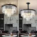 Black Modern Crystal Chandelier, 3-Tier Round Flush Mount Ceiling Light Fixtures Height Adjustable Pendant Lighting for Dining Room Living Room Bedroom Kitchen Hotel Foyer
