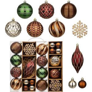 Hollyone Christmas Balls Ornaments Set, 67pcs Glitter Brown Red Green Shatterproof Christmas Ball Snowflakes Tree Ornaments Hanging Ball Decoration for Xmas Tree Wreath Garland Wedding Home Decor