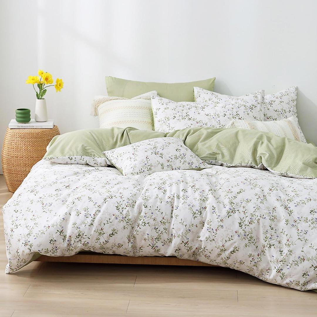 Botanical Cotton Comforter King Size - Tender Green Comforter Printed with Leafy Branches & Purple Stamens on Off-White,Reversible Lightweight Bedding Sets 3Pcs (King(104"90"))