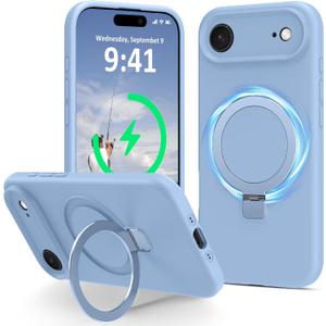 Compatible with iPhone Air Case with Stand, Full Camera Protection Slim Liquid Silicone Phone Cases for iPhone 17 Air Compatible with MagSafe Magnetic Ring Kickstand Case 6.5", Light Blue