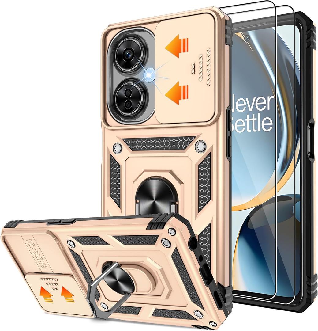 Gritup Fit for OnePlus Nord N30 5G Case with Slide Camera Cover & Screen Protector (2 Pack), Build in 360 Rotating Ring Kickstand [Military Grade] Protective Case for Nord N30 5g Case, Gold