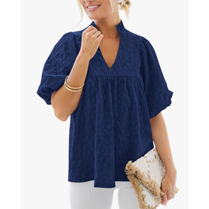 MASCOMODA Womens Summer Tops 2025 Ruffle V Neck Blouses Loose Puff Short Sleeve Jacquard Babydoll Tops Casual Dressy T-Shirts, M
