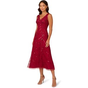 Adrianna Papell Beaded Mesh Dress (Red, M)