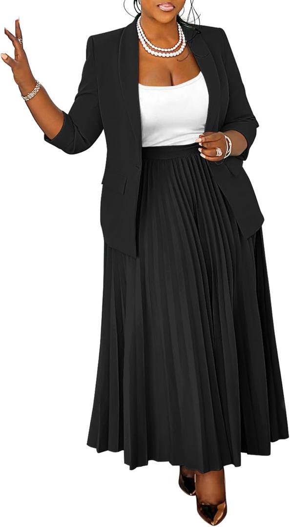 Women's Plus Size 2 Piece Outfits Casual Open Front Blazer and High Waist Pleated Maxi Skirt Sets Business Suits (5X-Large, Black)