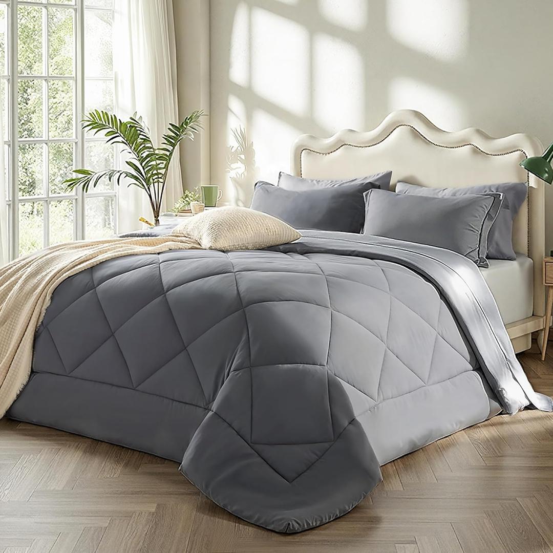 Bedsure Queen Comforter Set - 7 Pieces Reversible Grey Bedding, Queen Size Bed Set for All Seasons, Bed in a Bag with Down Alternative Comforter, Sheets, Pillowcases & Shams (Queen, 01 - Grey)