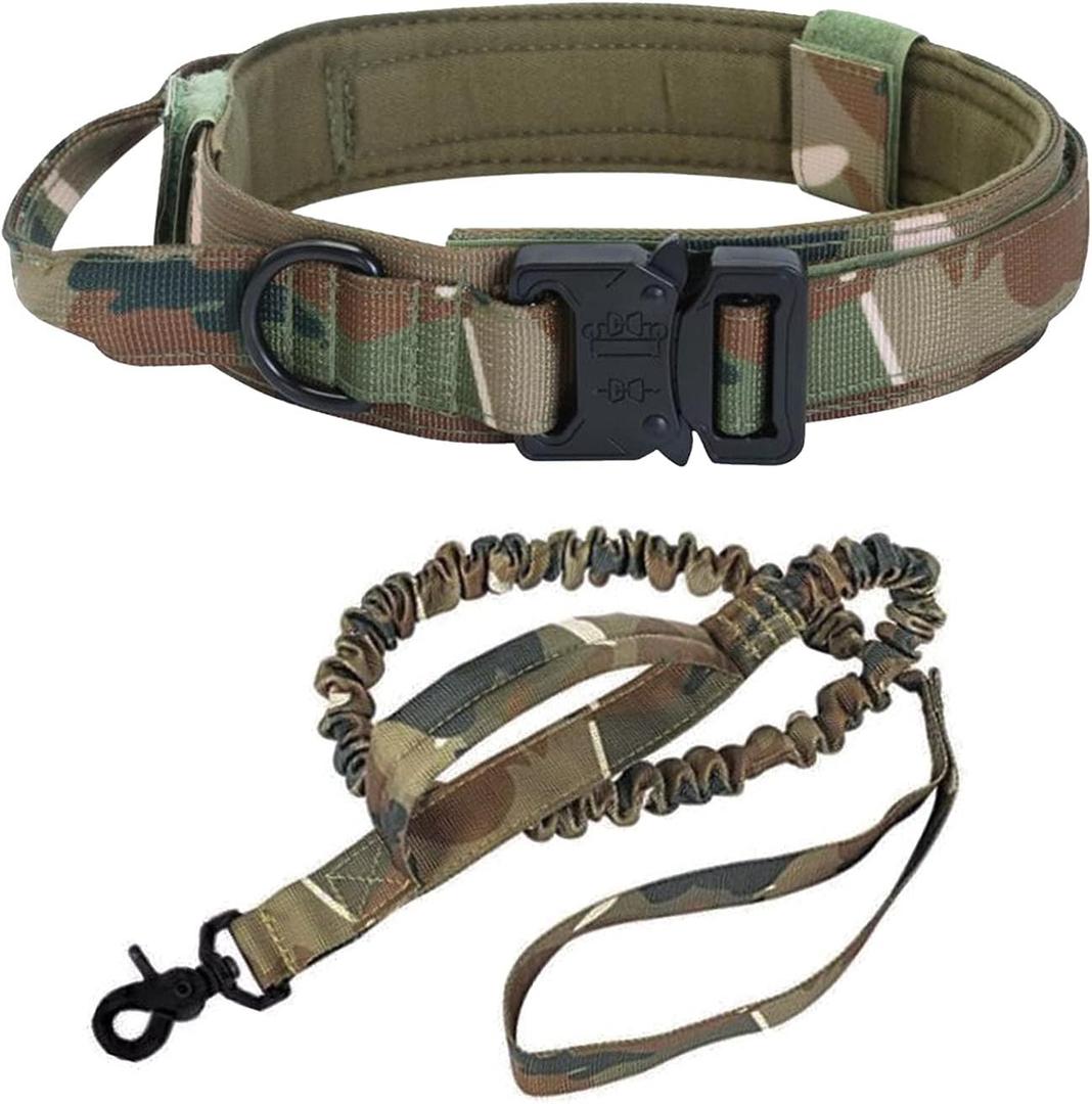 2 x Tactical Dog Collar and Leash - Thick Military K9 Collar - Includes Matching Bungee Leash - Adjustable, Army Grade Nylon Khaki, Control Handle and Heavy Duty Metal Buckle for Dog (Army, L)