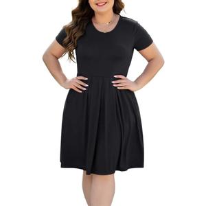 Women's Plus Size Long/Short Sleeve Dress Casual Pleated Swing Dresses with Pockets (XXL)