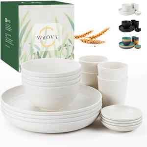 Wrova Wheat straw bowl and plate sets of 16 with cups - Unbreakable plastic dinnerware sets for kitchen - Microwave and Dishwasher safe dishes for kitchen,camping,indoors and out doors. White
