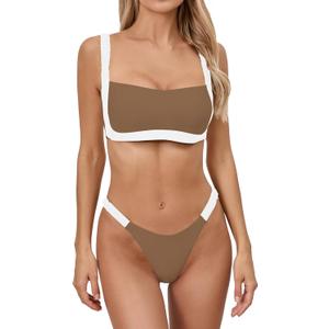 WODECASA Women's Colorblock Bikini Set Square Neck High Cut Cheeky Sexy Two Piece Swimsuit Bathing Suit (Medium, 151 Brown)