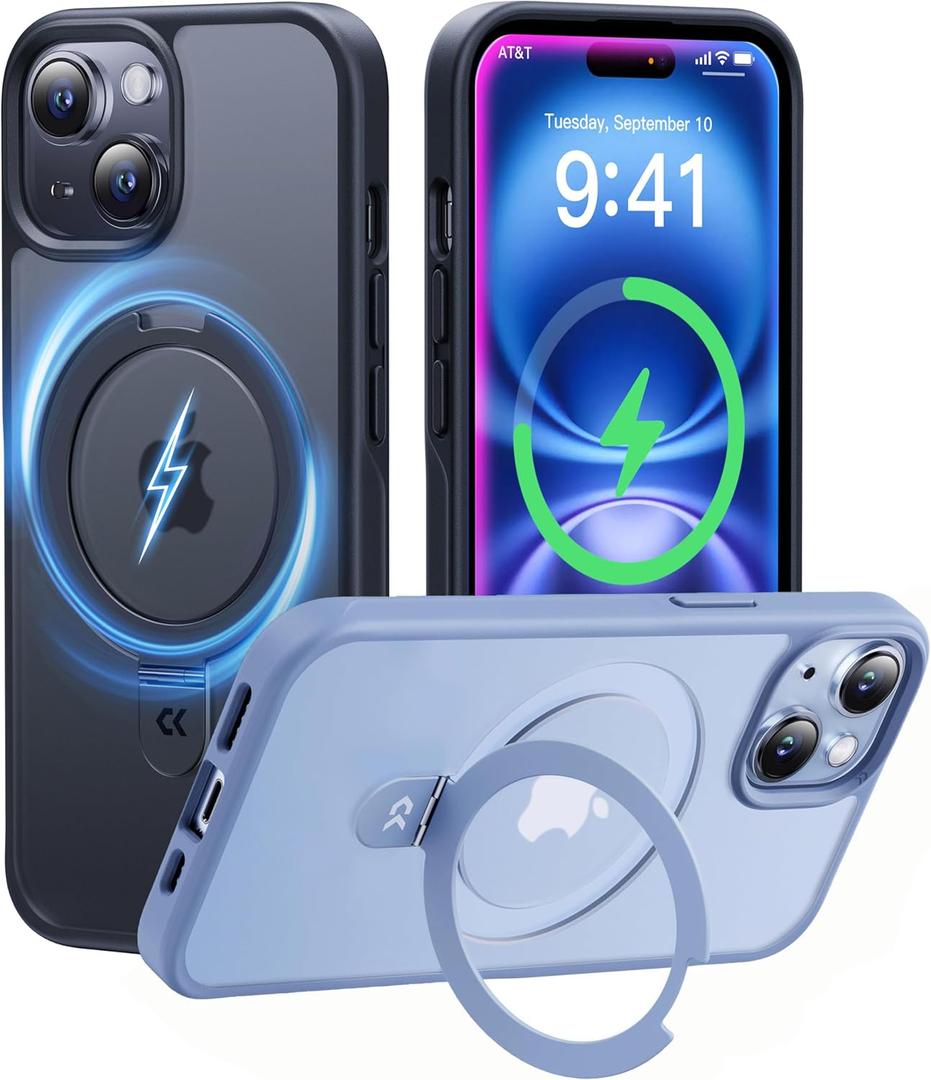 CASEKOO for iPhone 15 Case with Magnetic Invisible Stand [Military Drop Protection] [Compatible with MagSafe] Shockproof Slim Translucent Matte Case 6.1 Inch, Black, for Man/Woman