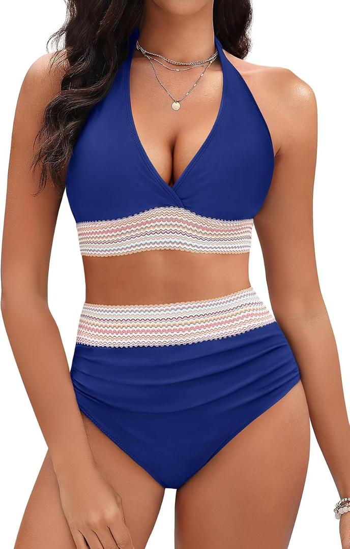 Women Tummy Control Two Piece Swimsuit - High Waisted Bathing Suit Halter Bikini Set Push Up Swimwear 2025 (Blue, L)