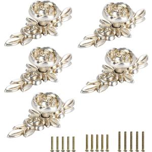 JUXYES Pack of 5 Euro Rose Decorative Cabinet Knobs with Plate, Floral Ivory Drawer Knob Cupboard Door Knobs, Ivory White Drawer Pulls Cabinet Handle Knobs for Dresser Cabinet (Small, Antique Silver)