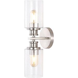 JONATHAN Y 16.5" Nickel 2-Light LED Wall Sconce, Modern Farmhouse Vanity Light with Seeded Glass Shade, Industrial Iron Fixture for Bathroom Mirror, LED Bulbs Included (JYL7577C)