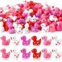 JUNEBRUSHS 50 Pcs Valentine's Day Mini Ducks, Pink Red Tiny Resin Ducks Heart Duck Figures Miniature Ornaments for Vase Filler Jewelry Making DIY Crafts Party Gifts Decorations