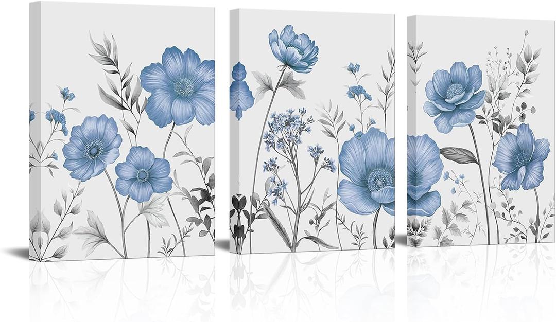 sechars Blue Flower Canvas Wall Art Vintage Floral Painting Pictures Decor Modern Blue and Grey Bedroom Bathroom Decoration (Blue)