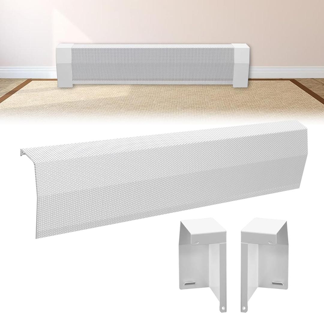 Gekufa 3 FT Baseboard Heater Cover with Left and Right Endcaps, Galvanized Steel Easy Slip-On Heater Covers for Radiators, Baseboard Cover Suitable for Home DIY (White) (3 ft)