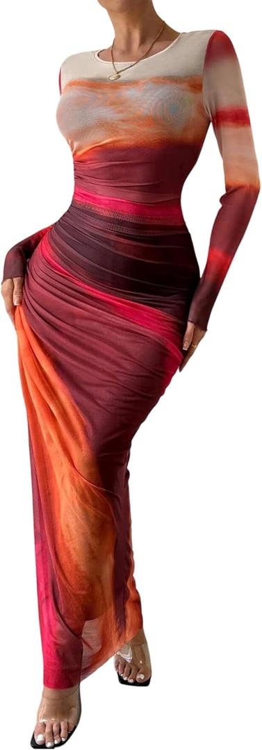 MARZXIN Women Long Sleeve Maxi Dress Bodycon Ruched Formal Slim Fit Tie Dye Dress Formal Mesh Dress (XL)