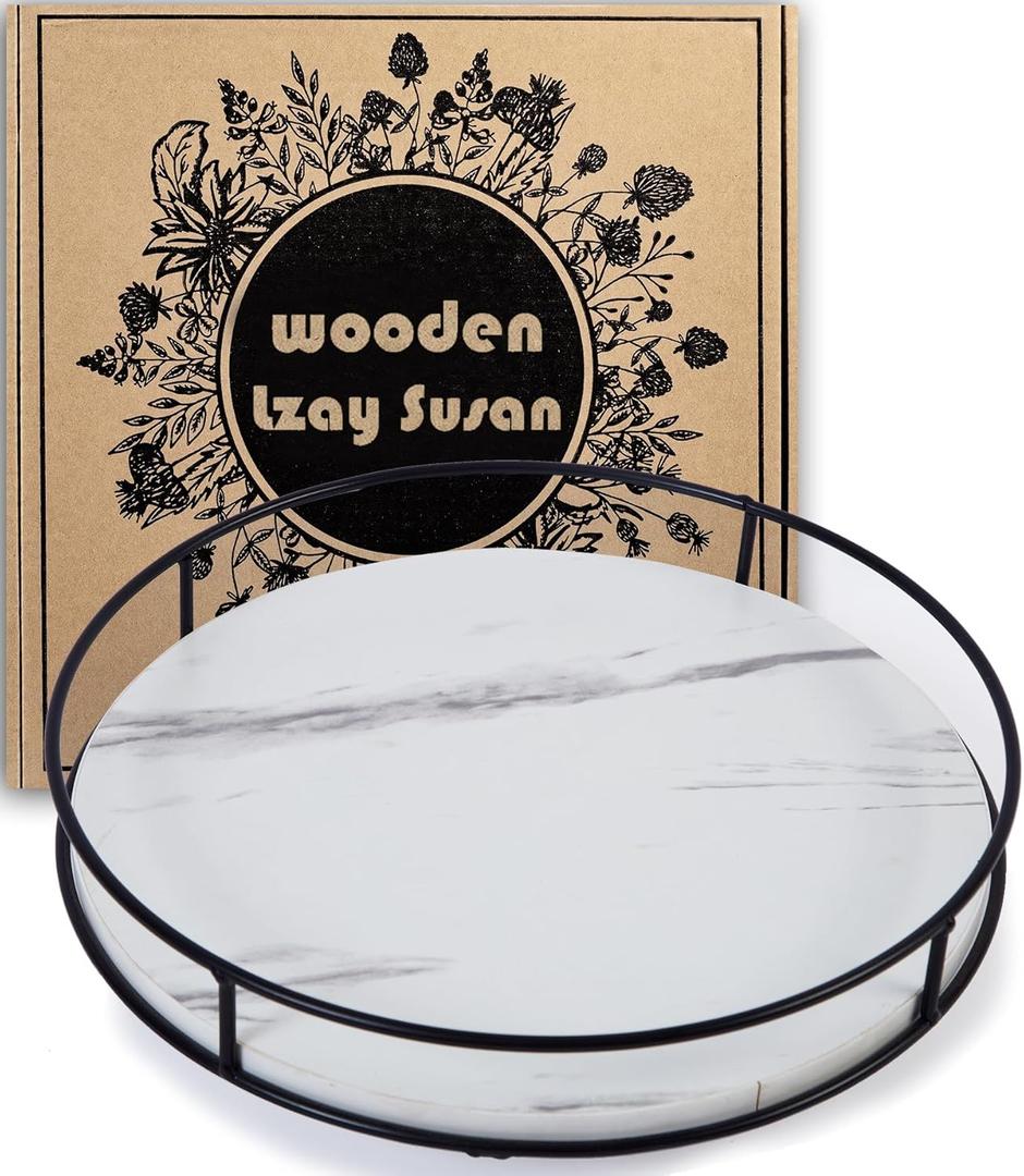 12 Inch White Lazy Susan Turntable for Table, Kitchen Rustic Brown Turntable Organizer with Steel Frame, 360 Degree Decorative Lazy Susan for Countertop Cabinet or Centerpieces