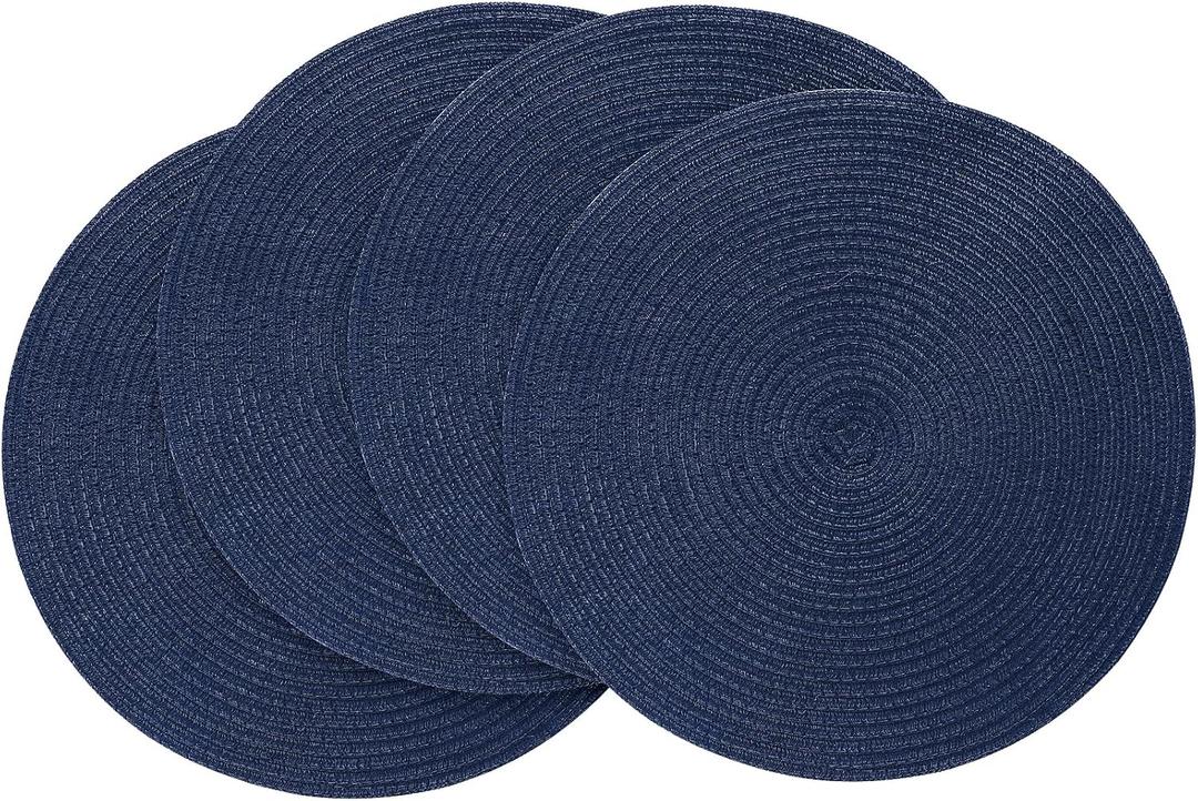 Round Braided Placemats 15 Inch Round Table Mats for Dining Tables Natural Woven Heat Resistant Place mats Set of 4 (Navy Blue)